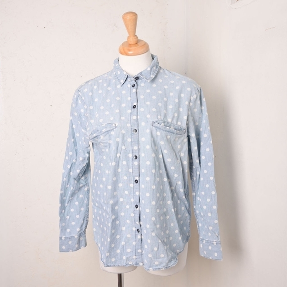 Edc Tops - edc | Light blue & white polka dot denim texture casual button up